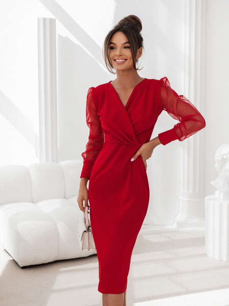 Sukienka midi z tiulowymi rękawami NATHALIE - czerwona 2