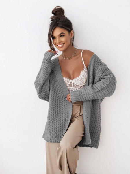 Modny sweter kardigan z grubym splotem ISSA - szary 2