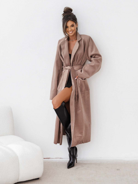 Długi flauszowy płaszcz z paskiem BRYNN - karmelowy 2