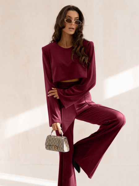 Welurowy komplet z szerokimi spodniami MALEA - bordowy