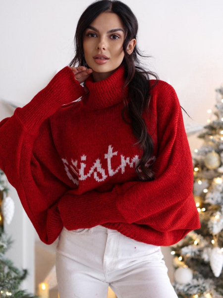 Sweter golf oversize z domieszką wełny NOA - czerwony 2