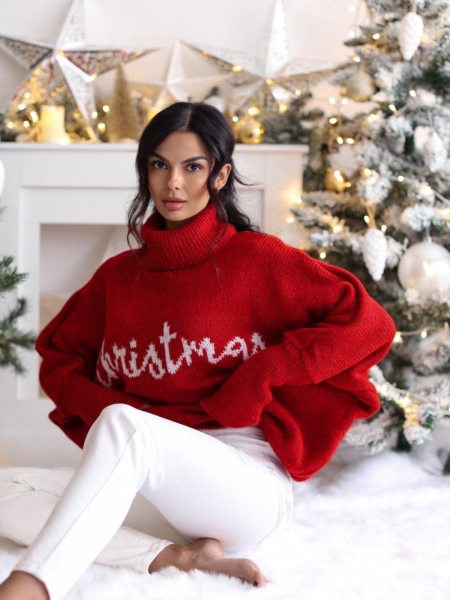 Sweter golf oversize z domieszką wełny NOA - czerwony