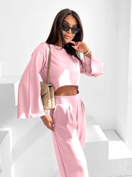 Stylowy komplet z szerokimi spodniami SIDA - pudrowy róż 2