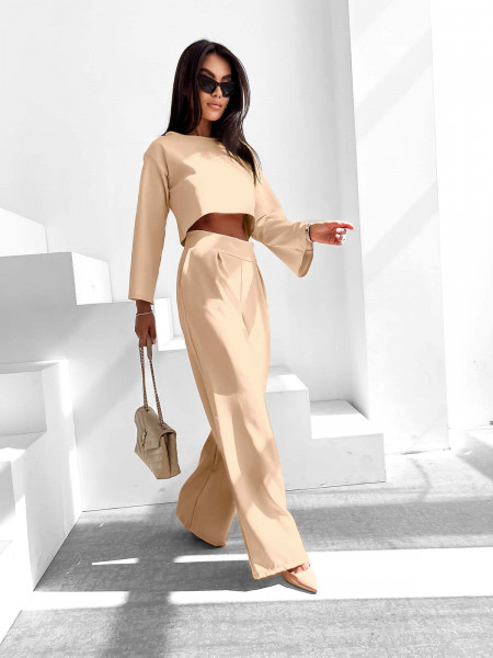 Stylowy komplet z szerokimi spodniami SIDA - beżowy 2