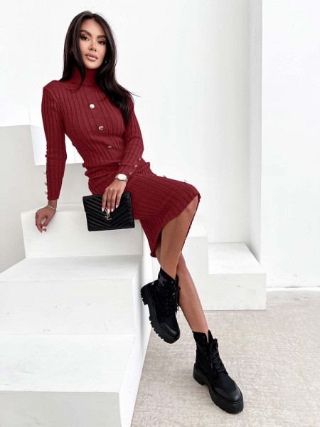 Dzianinowa midi sukienka z golfem FAZILA - bordowa 2