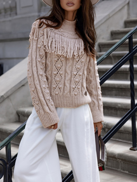 Sweter półgolf z pomponami i frędzlami ELDA - beżowy