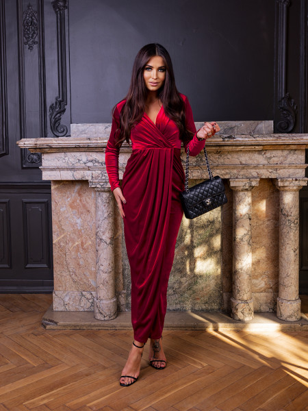 Welurowa sukienka z przekładanym dekoltem NIKA - czerwona 2