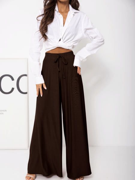 Stylowe szerokie spodnie z wiskozy ANWEN - czekoladowe