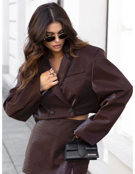 Krótka marynarka oversize z eko skóry CORIA - czekoladowa