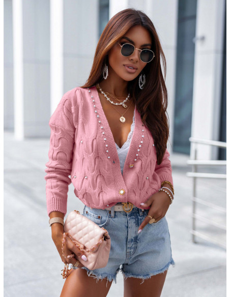 Rozpinany sweterek kardigan z perełkami - JENNA - pudrowy róż