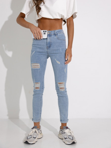 Jeansowe spodnie rurki z przetarciami KINTA - niebieskie 2