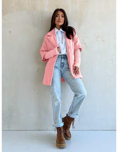 Krótki płaszcz oversize z kieszeniami GREG - pudrowy róż