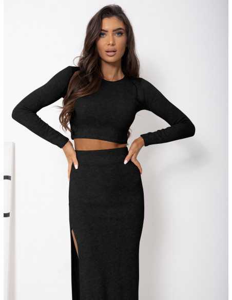 Dzianinowy crop top z długim rękawem JADA - czarny