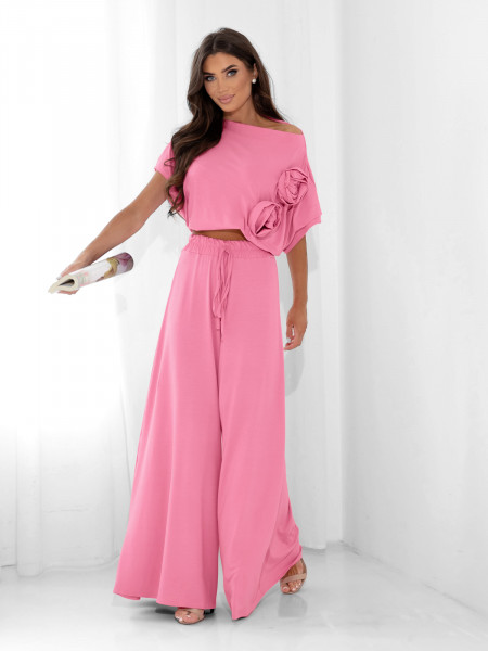 Komplet z wiskozy z szerokimi spodniami VILENA - pudrowy róż