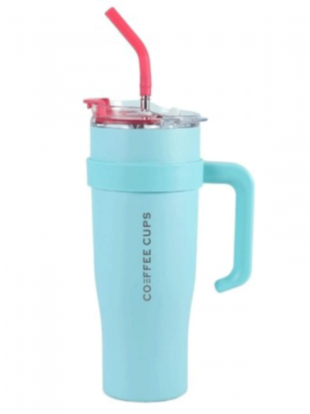 Kubek termiczny z uchwytem i słomką - turkusowy 2