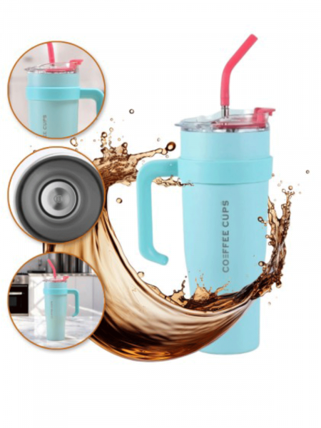 Kubek termiczny z uchwytem i słomką - turkusowy