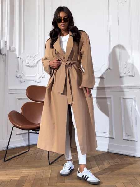 Długi płaszcz trencz z paskiem MAHRA - beżowy