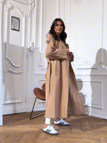 Długi płaszcz trencz z paskiem MAHRA - beżowy 2