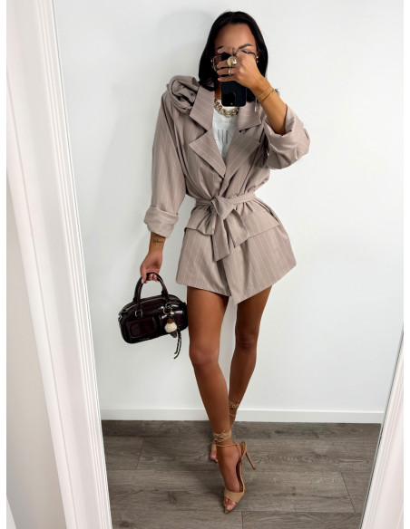 Długa marynarka oversize w prążek COSMERA - cappuccino mocca