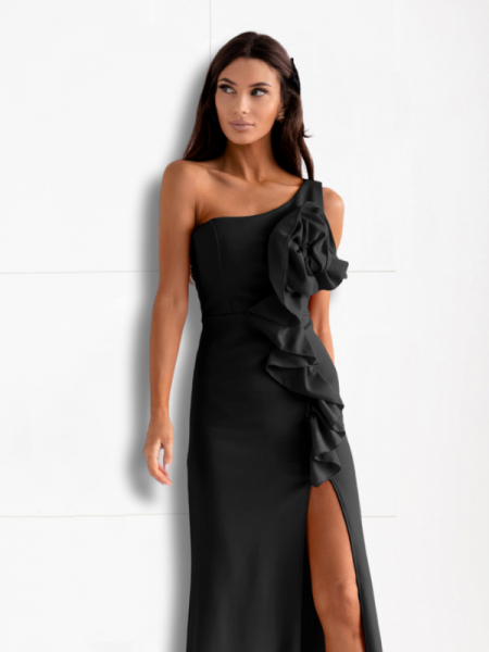 Stylowa maxi sukienka na jedno ramię LIRIA - czarna