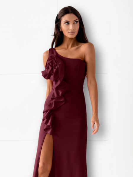 Stylowa maxi sukienka na jedno ramię LIRIA - bordowa 2