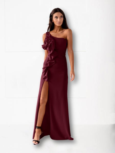 Stylowa maxi sukienka na jedno ramię LIRIA - bordowa