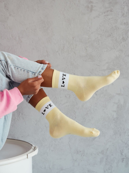 Skarpetki damskie LOVE szeroki pasek - cytrynowe