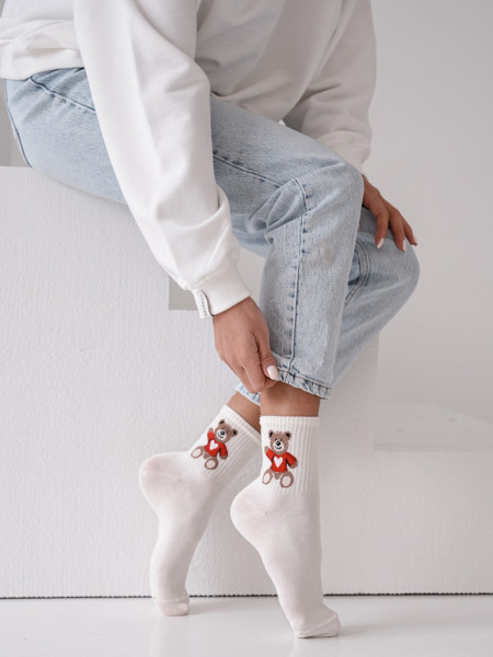 Skarpetki damskie WALENTYNKOWY MIŚ - białe