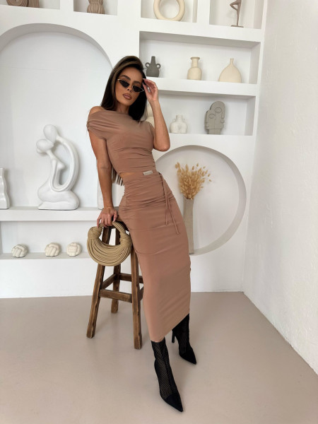 Stylowy komplet ze spódnicą midi SHADI - cappuccino