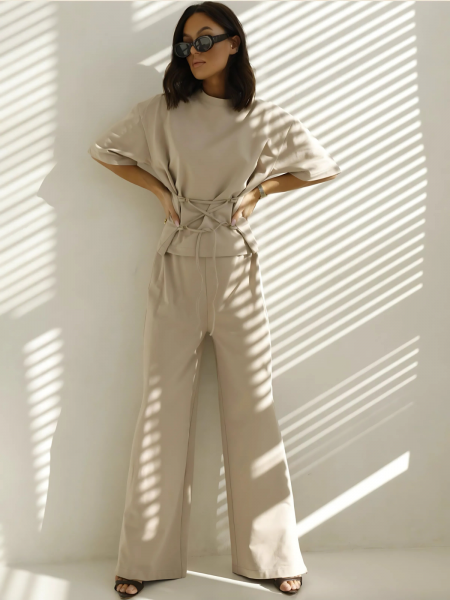 Stylowy komplet bluzka i szerokie spodnie TAISA - beżowy 2
