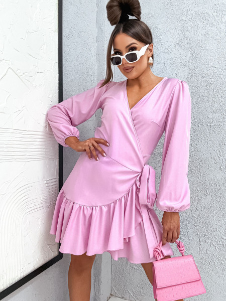 Przekładana sukienka z falbaną NALINA - pudrowy róż 2