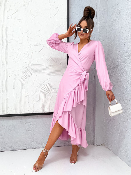 Przekładana midi sukienka z falbaną AMAR - pudrowy róż 2