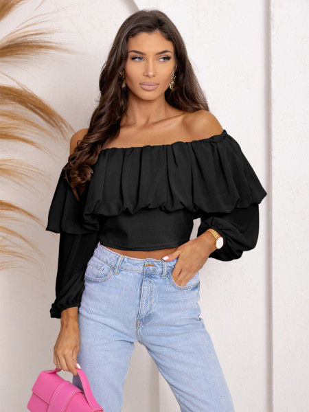 Bluzka hiszpanka z szyfonową falbaną VISJA  - czarna 2