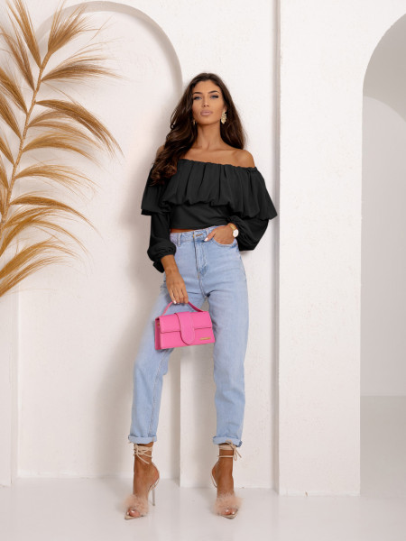 Bluzka hiszpanka z szyfonową falbaną VISJA  - czarna