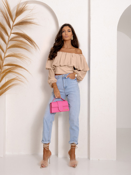 Bluzka hiszpanka z szyfonową falbaną VISJA  - beżowa 2