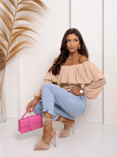 Bluzka hiszpanka z szyfonową falbaną VISJA  - beżowa