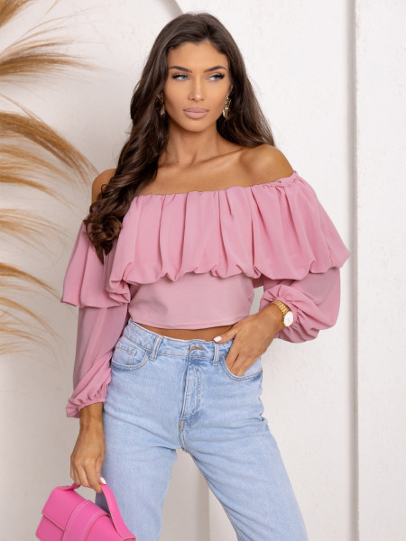 Bluzka hiszpanka z szyfonową falbaną VISJA - pudrowy róż
