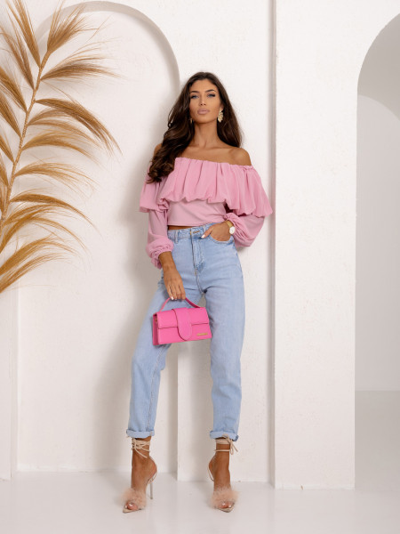 Bluzka hiszpanka z szyfonową falbaną VISJA - pudrowy róż 2