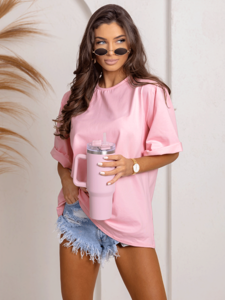 Bawełniany t-shirt oversize z poduszkami VEA - pudrowy róż