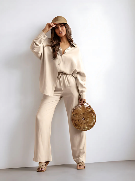 Komplet spodnie i koszula z dodatkiem lnu ABENI - beżowy 2