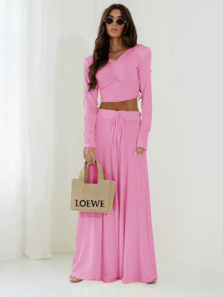 Komplet bluzka i spodnie z wiskozy THORA - pudrowy róż 2