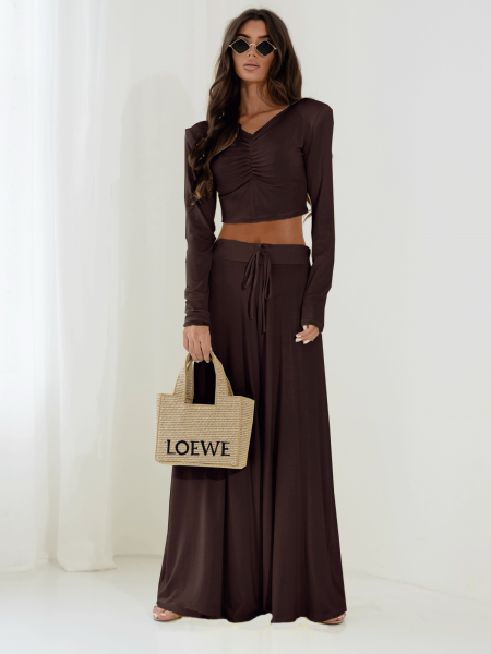 Komplet bluzka i spodnie z wiskozy THORA - czekoladowy 2