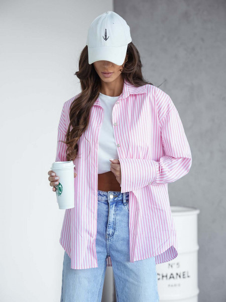 Koszula oversize z wiskozy w paski BILGA - różowa
