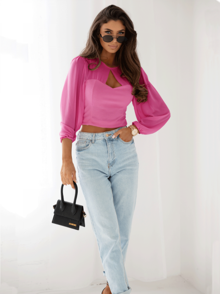 Modna bluzka z szyfonowymi rękawami - różowa