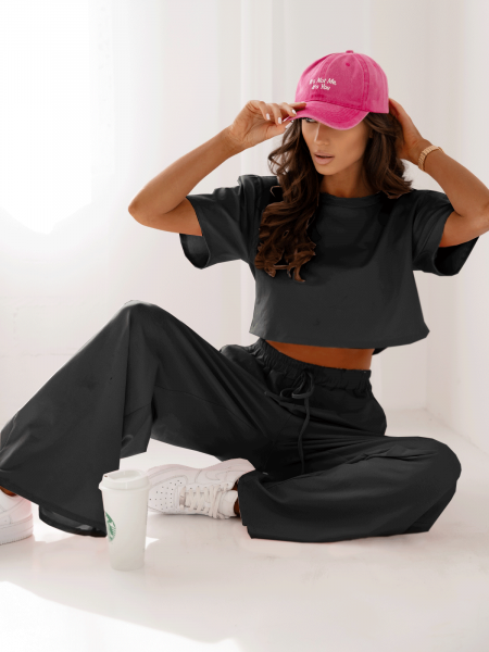 Bawełniany komplet z szerokimi spodniami NICOL - czarny 2