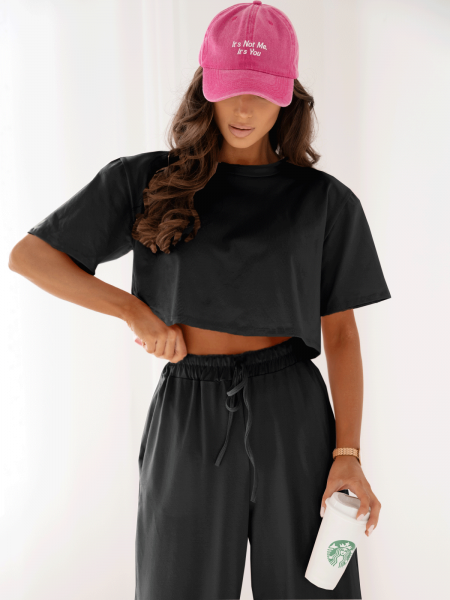 Bawełniany komplet z szerokimi spodniami NICOL - czarny