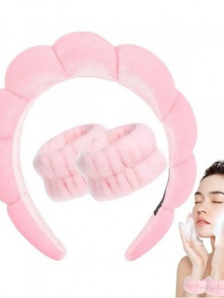 Zestaw opasek kosmetycznych na głowę i nadgarstki - róż 2