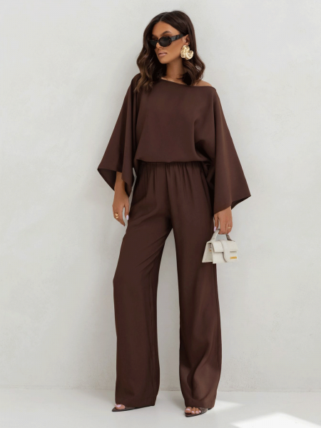 Stylowy komplet z szerokimi spodniami PHOEBE - czekoladowy