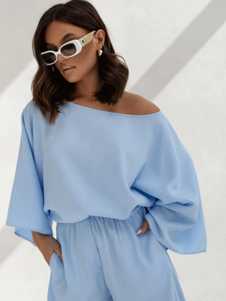 Stylowy komplet z szerokimi spodniami PHOEBE - błękitny 2