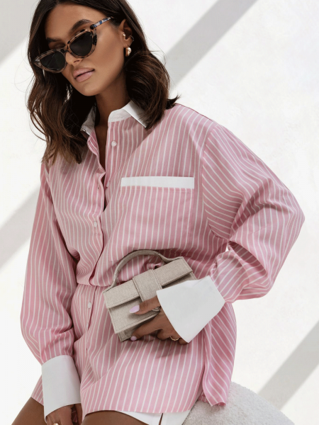 Komplet koszula z szortami w paski LAILA - pudrowy róż 2
